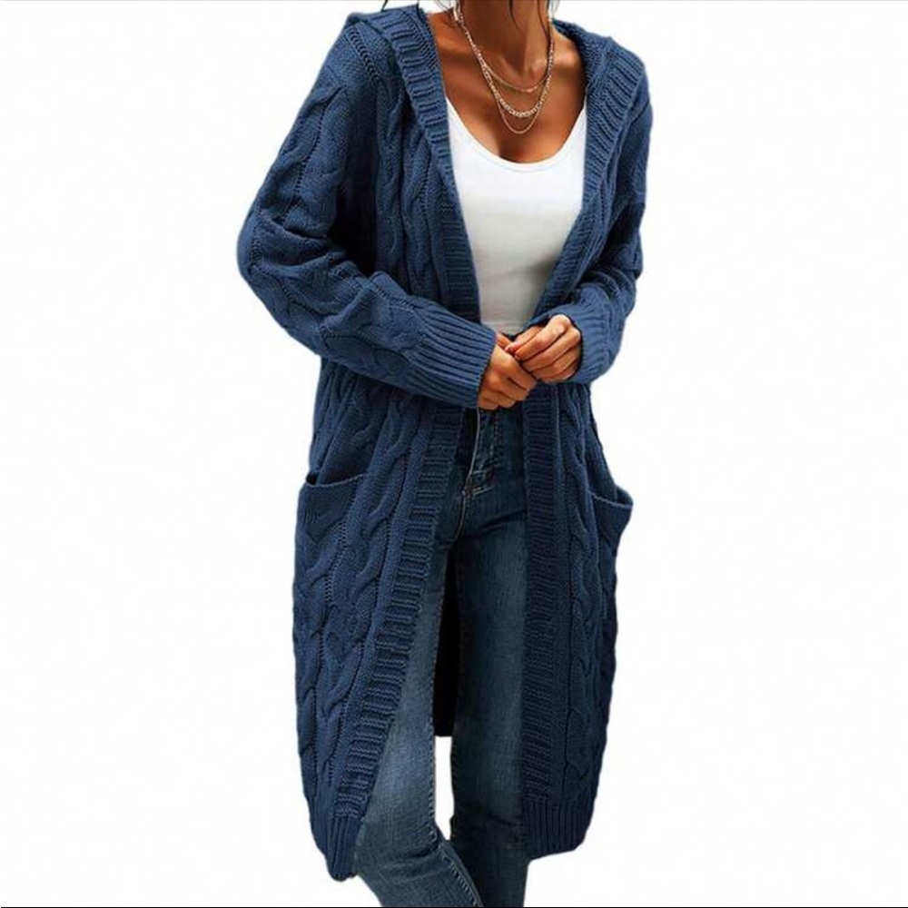 Luxe Cable Knit Long Sleeve Sweater Cardigan Open Front Pocket Hooded Hood - Picture 12 of 16